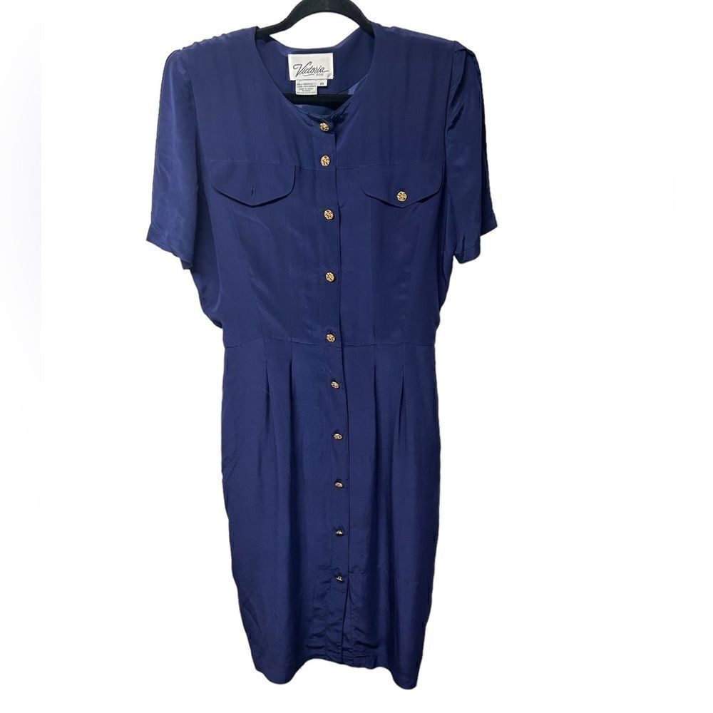 Vintage 100% Silk Victoria Soie Dark Blue Short Sleeve Gold Button Down Dress